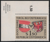 Österreich, 1963, ANK Nr. 1163 Ul, MICHEL Nr. 1133 Ul, 600 JAHRE TIROL mit SEHR SELTENER ZÄHNUNGSABART - LINKS UNGEZÄHNT, postfrisch, ATTEST Dr. Glavanovitz 