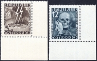 Österreich, 1946, ANK Nr. (13) + (14), MICHEL Nr. VI + VII, Nicht verausgabte Serie Blitz Totenmaske bzw. Blitz Totenkopf, einheitlich aus der rechten unteren Bogenecke, postfrisch, ATTEST Soecknick 
