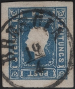 Österreich, 1858, Zeitungsmarken-Ausgabe 1858, Ferchenbauer Nr. 16 b, 1,05 Kreuzer bzw. Soldi dunkelblau,Type I, entwertet mit Lombardei-Venetien-Einkreis-Stempel 