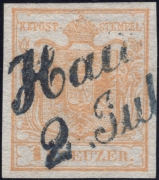 Österreich, 1850/54, Ferchenbauer Nr. 1 H I a, 1 Kreuzer braunorange, Handpapier, Type I a entwertet mit schwarzblauem Langstempel 