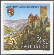 Österreich, 1990, ANK Nr. 2027 U, MICHEL Nr. 1995 U, 700 Jahre Stadt Hardegg ( Ansicht von Hardegg - Wappen ) UNGEZÄHNT, postfrisch, ATTEST Soecknick 