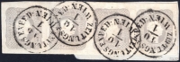 Österreich, 1861, Zeitungsmarken-Ausgabe 1861, Ferchenbauer Nr. 23 aa, 1,05 Kreuzer grau, im waagrechten Vierer - Streifen auf Restschleifenstück, entwertet 