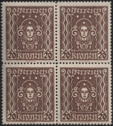 Österreich, 1922/24, ANK Nr. 398 B II, MICHEL Nr. 398 B II, Freimarkenausgabe: Frauenkopf 20 Kronen in Lz. 11 ½ im 4er-Block, postfrisch