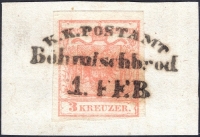 Österreich, 1850, Ferchenbauer Nr. 3 H III a , 3 Kreuzer, rosa, auf Briefstück, entwertet mit waagrecht sitzenden kompletten 