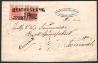 Österreich, 1850, Ferchenbauer Nr. 3 H I a (4), 2 x 3 Kreuzer, vorderseitig sowie rückseitig 2 x 3 Kreuzer auf Reko-Faltbrief-Hülle von REICHENBERG nach TANNWALD, entwertet 