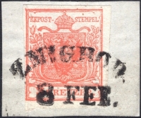 Österreich, 1850, Ferchenbauer Nr. 3 H I a, 3 Kreuzer, ziegelrot, auf Briefstück, entwertet mit waagrecht sitzenden Bogen-Stempel 