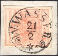 Österreich, 1850/54, Ferchenbauer Nr. 3 M III b, 3 Kreuzer, stumpfrosa, Maschinenpapier, Type III b, auf Briefstück, entwertet mit komplettem Einkreis-Zierstempel 