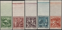 Österreich, 1924, ANK Nr. 442 U - 446 U, MICHEL Nr. 442 U - 446 U, Notleidende Künstler bzw. Jugend- und Tuberkulosefürsorge, UNGEZÄHNT, Randstücke einheitlich vom oberen Bogenrand, postfrisch, ATTEST Soecknick 