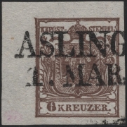 Österreich, 1850, Ferchenbauer Nr. 4 H I a, 6 Kreuzer, braun, Handpapier, Type I a, linkes oberes Eckrand-Stück 7,5 : 3,6 mm,  entwertet mit 