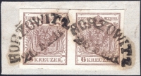 Österreich, 1850/54, Ferchenbauer Nr. 4 M III, 6 Kreuzer, rosabraun, im waagrechten Paar, auf Briefstück, jede Marke entwertet mit kompletten 