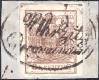 Österreich, 1850/54, Ferchenbauer Nr. 4 M III, 6 Kreuzer, rosabraun, auf Briefstück, doppelt entwertet mit kompl. 