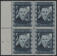 Österreich, 1936, ANK Nr. 588, MICHEL Nr. 588, 10 S Dollfuß im 4er-Block vom linken Bogenrand MIT NADELPUNKT, postfrisch, ATTEST Soecknick 