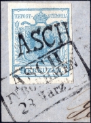 Österreich, 1850, Ferchenbauer Nr. 5 H I, 9 Kreuzer, blau, auf Briefstück, entwertet mit kompl. Lang-Stempel 