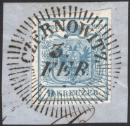 Österreich, 1850, Ferchenbauer Nr. 5 H I, 9 Kreuzer, hellblau, Handpapier, Type I auf Briefstück, entwertet mit Strahlenstempel 