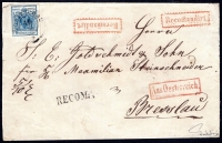 Österreich, 1850, Ferchenbauer Nr. 5 M III a + 3 H III a (2), 9 Kreuzer, lebhaftblau + 2 Stück 3 Kreuzer, rosa auf kompl. Rekobrief-Kuvert von TOBITSCHAU nach BRESSLAU, entwertet 