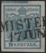 Österreich, 1850, Ferchenbauer Nr. 5 H I, 9 Kreuzer, graublau, Handpapier, Type I, P 313, BALKEN oben 12,7 mm !, Wasserzeichen, entwertet mit 