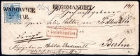 Österreich, 1850, Ferchenbauer Nr. 5 M III b + 3 M III b (2), 9 Kreuzer, blau + 2 Stück 3 Kreuzer, stumpfrosa auf kleinformatigem Reko-Briefkuvert nach BERLIN, entwertet 