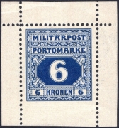 Österreich, K.u.K. Militärpost Bosnien-Herzegowina, NICHT VERAUSGABTE PORTOMARKE in Ziffernzeichnung, 6 Kronen, Einzelabzug in Schwärzlichblau, dreiseitig gezähnt, ungummiert, ATTEST Soecknick 