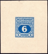 Österreich, K.u.K. Militärpost Bosnien-Herzegowina, NICHT VERAUSGABTE PORTOMARKE in Ziffernzeichnung, 6 Kronen, ungezähnter Einzelabzug in Blau auf normalem Papier, ATTEST Soecknick 