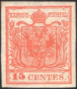 Lombardei-Venetien, 1850, Ferchenbauer Nr. 3 H III, 15 Centesimi, (karmin)rot, Handpapier, Type III, ungebraucht, ATTEST Dr. Ferchenbauer 