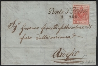 Lombardei-Venetien, 1850, Nr. 3 H I / Pl. 1, 15 Centesimi, zinnoberrot, Erstdruck, Handpapier, Type I, Platte 1, kompletter Faltbrief nach ARDESIO, entwertet 