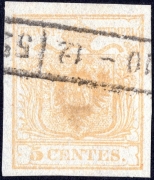 Lombardei-Venetien, 1850, Nr. 1, 5 Centesimi, ockergelb, Handpapier, Type I, entwertet mit zartklarem Teilstempel, BEFUND Dr. Ferchenbauer 