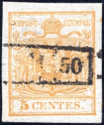 Lombardei-Venetien, 1850, Ferchenbauer Nr. 1, 5 Centesimi, dunkelorangegelb, Erstdruck, entwertet mit Teil-Abdruck des schwarzen Kastenstempels aus dem November 1850, ATTEST Dr. Ferchenbauer 