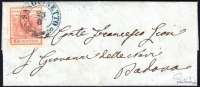 Lombardei-Venetien, 1850, Ferchenbauer Nr. 3 H I / Pl. 1, 15 Centesimi, (dunkel)ziegelrot, Handpapier, Type I / Platte 2, auf kleinformatigem Faltbrief, entwertet mit blauem Doppelkreis-Zierstempel 