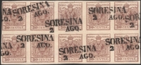 Lombardei-Venetien, 1850, Ferchenbauer Nr. 4 M III (10), 30 Centesimi, rosabraun, Maschinenpapier, Type III, im waagrechten Zehner-Block, entwertet 