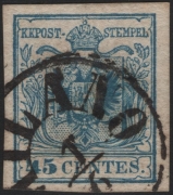 Lombardei-Venetien, 1850, Nr. 5 H III, 45 Centesimi, blau, Handpapier, Type III, KARTONPAPIER 0,15 mm / R ! - entwertet mit klarem Teilstempel 