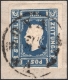 Österreich, 1858, Zeitungsmarken-Ausgabe 1858, Ferchenbauer Nr. 16 c, 1,05 Kreuzer bzw. Soldi tiefdunkelblau,Type I auf kleinem Zeitungsstück, entwertet mit Lombardei-Venetien-Stempel 