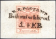 Österreich, 1850, Ferchenbauer Nr. 3 H III a , 3 Kreuzer, rosa, auf Briefstück, entwertet mit waagrecht sitzenden kompletten "K. K. POSTAMT Böhmischbrod 1. FEB.", BEFUND Dr. Ferchenbauer "P(RACHTSTÜCK)!" DB CP1161