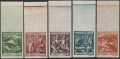 Österreich, 1924, ANK Nr. 442 U - 446 U, MICHEL Nr. 442 U - 446 U, Notleidende Künstler bzw. Jugend- und Tuberkulosefürsorge, UNGEZÄHNT, Randstücke einheitlich vom oberen Bogenrand, postfrisch, ATTEST Soecknick "echt und einwandfrei", DB STI452