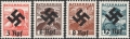 Österreich, 1938, ANK Nr. (6) a - d, MICHEL Nr. B III, C III, D III, E III, NICHT VERAUSGABTE VOLKSTRACHTEN Nr. 568, 573, 574 und 575 mit Aufdruck HAKENKREUZ, gezähnt, postfrisch, ATTEST Soecknick 