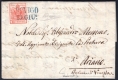 Lombardei-Venetien, 1850, Ferchenbauer Nr. 3 H I / Pl. 1, 15 Centesimi, dunkelkarmin, Handpapier, Type I / Platte 1, Erstdruck, auf komplettem Faltbrief. entwertet blauem Lang-Stempels 